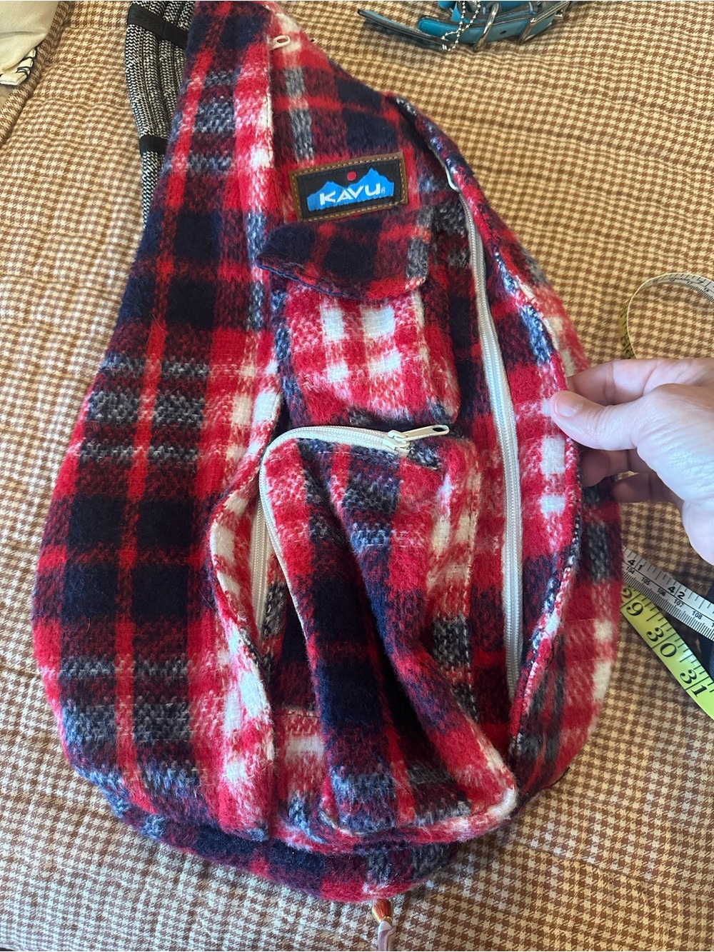 Kavu Red, Navy & White Plaid Fuzzy Rope Sling Bag - Picture 2 of 5